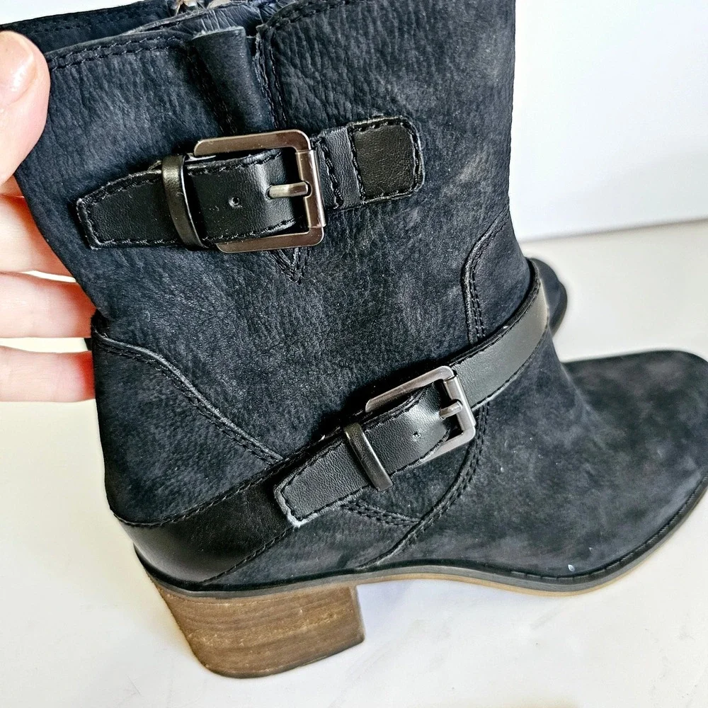 Franco Sarto Womens Black Leather Biker Boots Side Zipper Buckles Sz 7 - Sh441.2